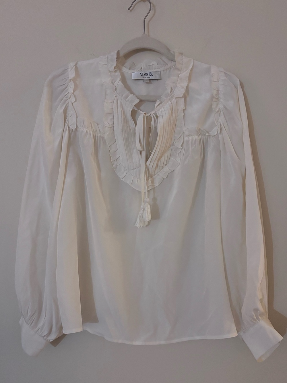 Sea New York 100% Silk Ruffle Tie Neck Blouse Ivory Size S